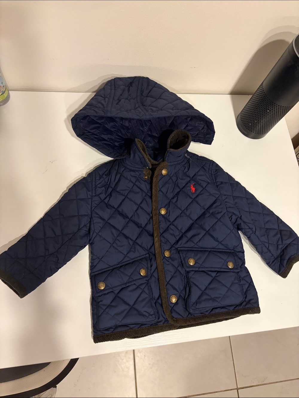 Ralph Lauren Navy Hooded Kids Puffer Jacket with corduroy and detachable hood